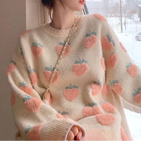 Peach sweater knit fuzzy stripe cream green loose - Picture 5 of 7